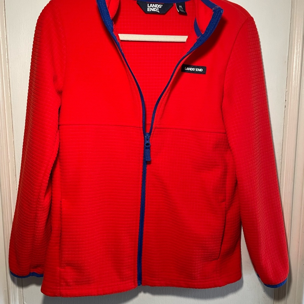 Lands' End Vibrant Red Orange Fleece Jacket with Blue Trim XL
